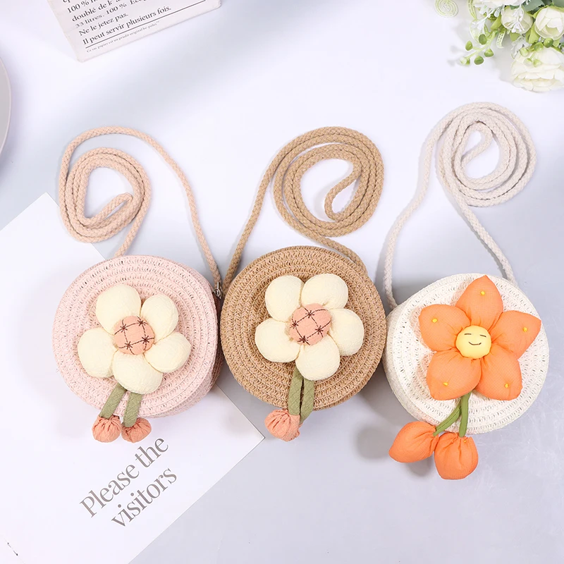 Handmade Summer Children Girls Shoulder Bag Flower Straw Baby Bags Messenger Bag Kids Keys Coin Purse Cute Princess Mini Handbag