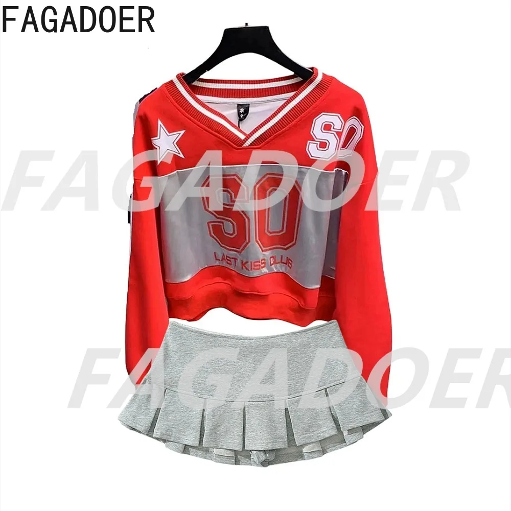 FAGADOER Y2K Streetwear Women 2 Piece Set Outfit Fashion V-neck Letter Print Sweatshirts + Mini Pleated Skirt Hot Girl Suits New