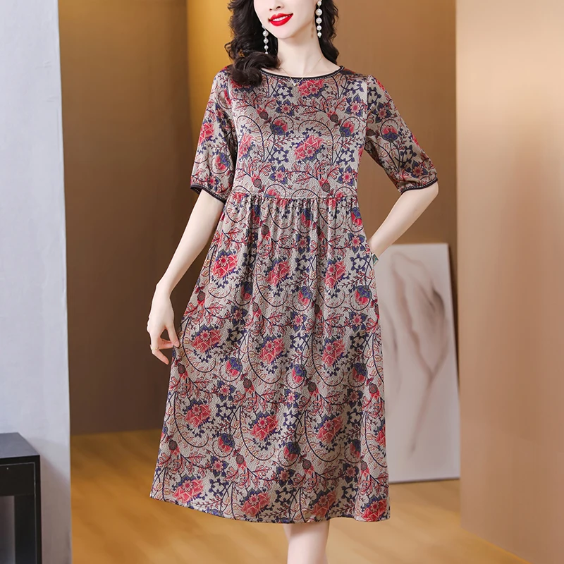 2023 Summer New Silk Short Sleeve Flower Print Dress Silk Loose Large O-Neck Slim Women's Over Knee Long Dress