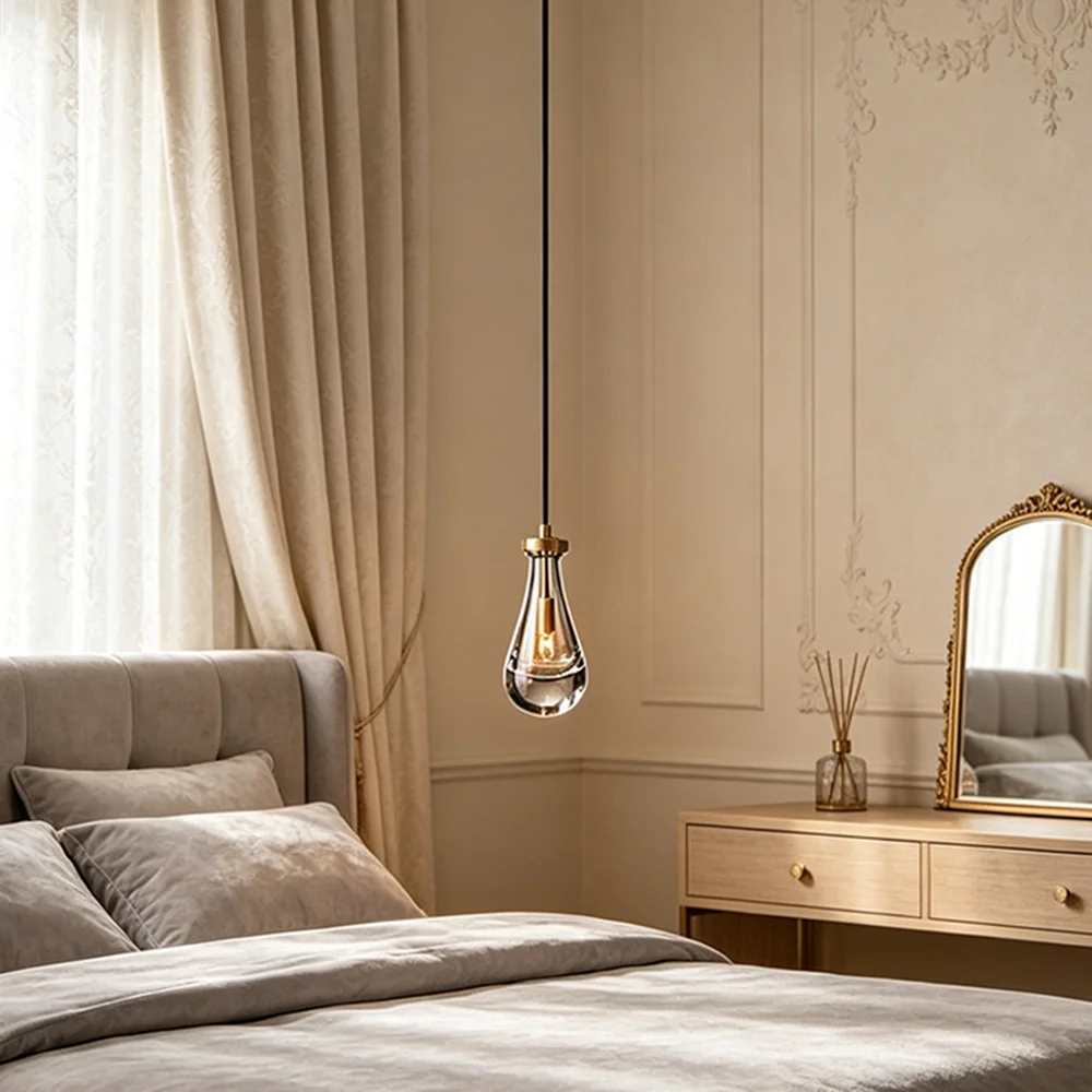 Postmodern Copper Water Drop Small Chandelier Dining Room Bedroom Bedside Hanging Lamp Simple Crystal Staircase Pendant Lighting
