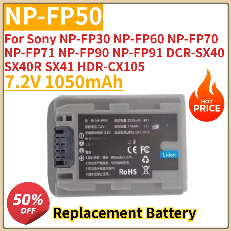 

New NP-FP50 Camera battery 7.2V 1050mAh for Sony NP-FP30 NP-FP60 NP-FP70 NP-FP71 NP-FP90 NP-FP91 DCR-SX40 SX40R SX41 HDR-CX105