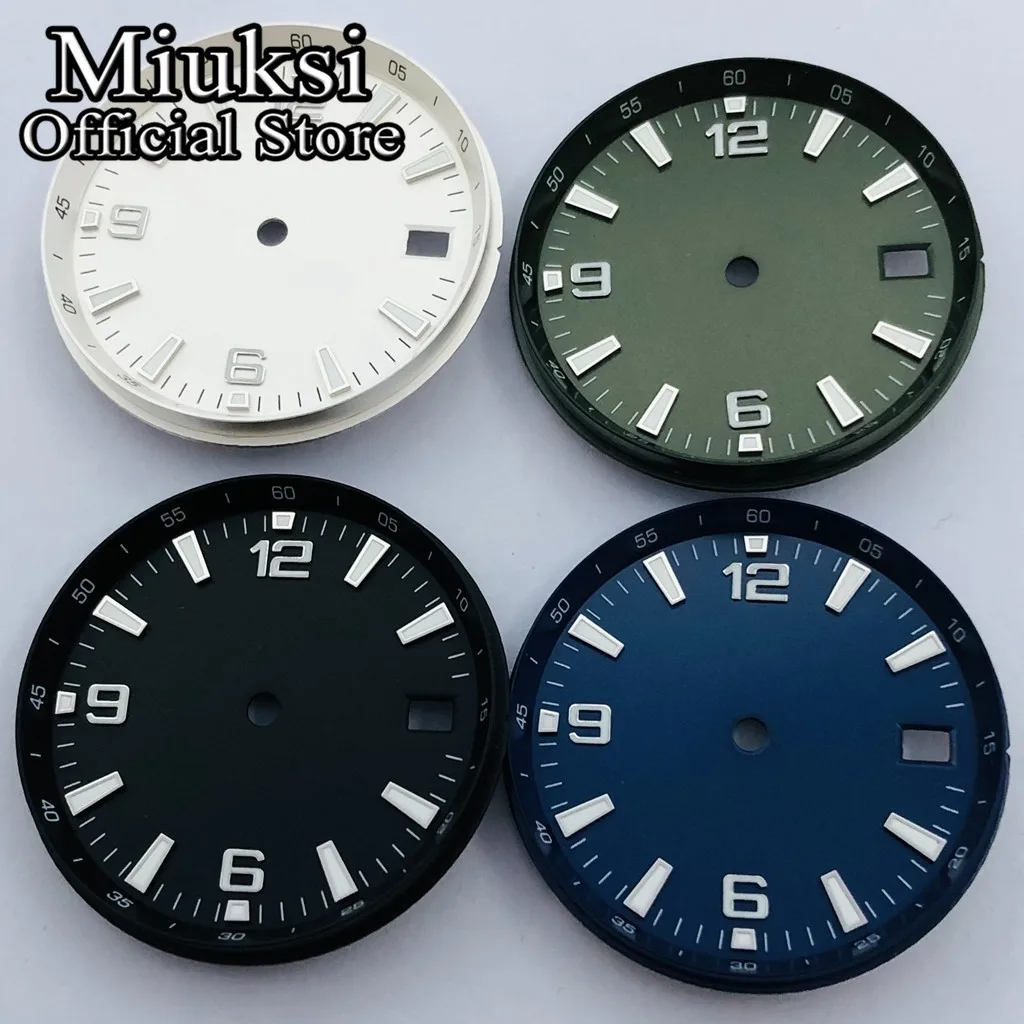 Miuksi 31mm black blue green white watch dial luminous fit NH35 movement