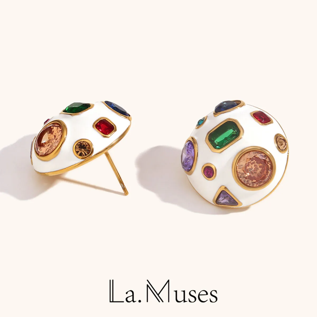 La.Muses White Dripping Oil Colored Geometric Zircon Stainless steel Sphericity Earrings for Women Waterproof Jewelry Gifts