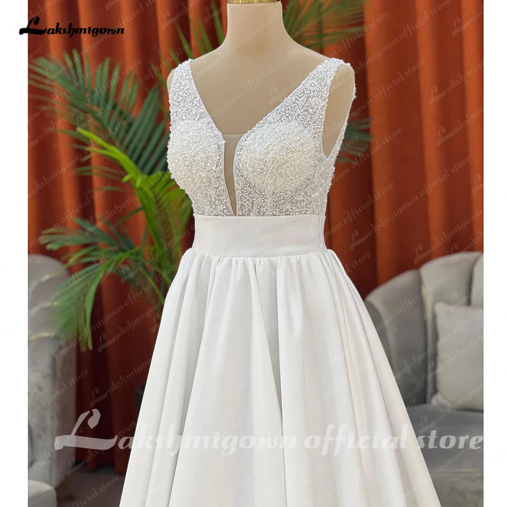 Lakshmigown Luxury Satin Beach Wedding Dress For Women Vestidos de Nova 2025 Beading Bodice Plunging V Neck Sexy Bride Dresses