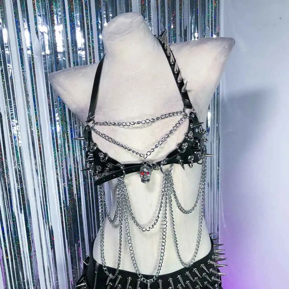 Kawaii Emo Chain 90s Eco Skull E-Girls Y2K Vegan Leather TOPS DIY Grunge Goth Gothic Harnesses Tank Punk Rock Studded