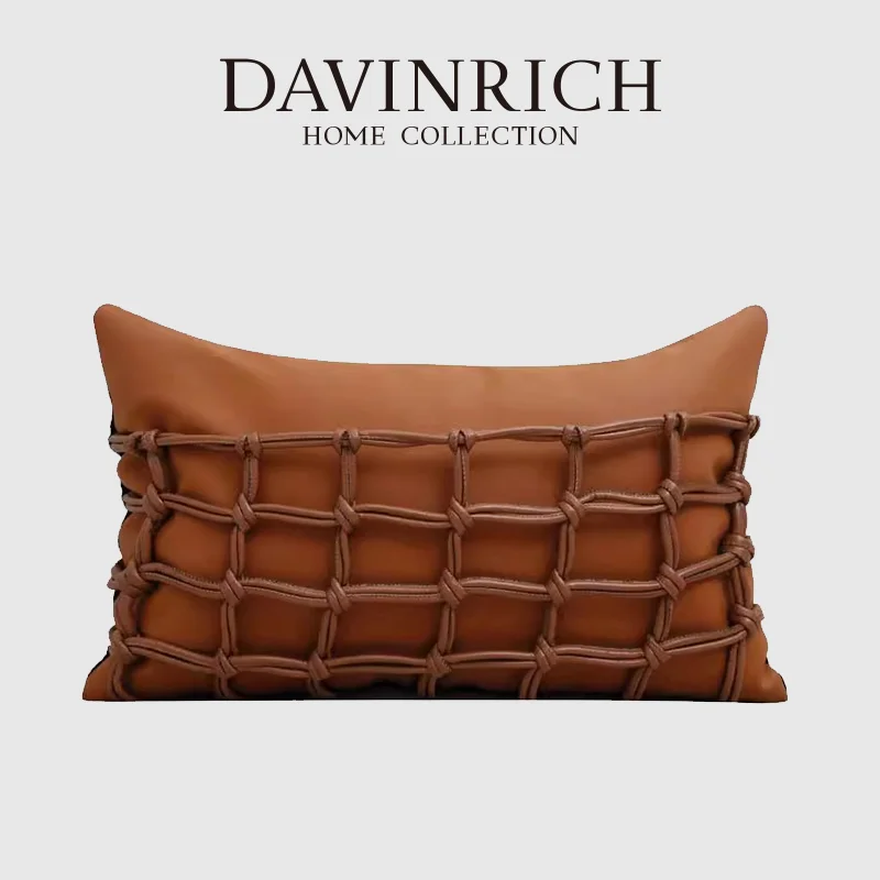 DAVINRICH Modern Minimalist Dark Orange Leather Woven Cushion Cover Luxurious Handmade Pillow Case For Villa Hotel Model Room