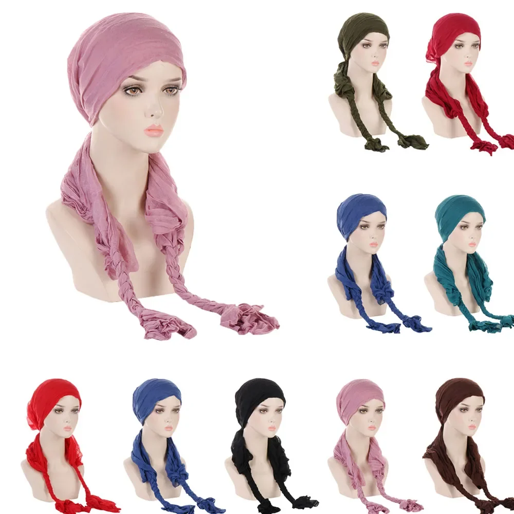 

Colorful Muslim Hijab Long Tail Chemo Hat Female Turban Hat Braid Shawl Wraps Multipurpose Bandana Cap Hair Loss Cover Head Wrap