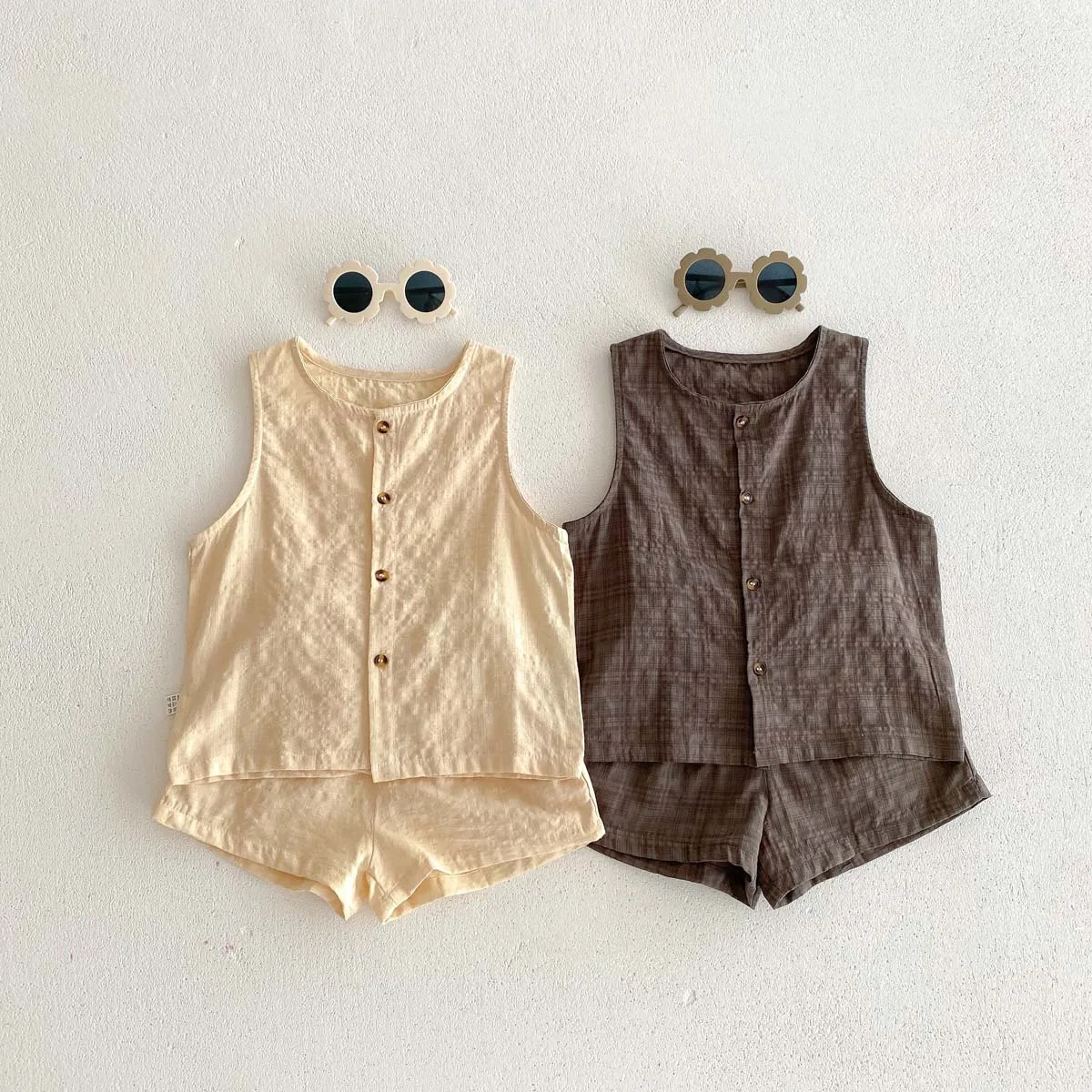 2026 New 2Pcs Kids Clothing Set Linen Vest And Shorts Boys Suit Girls Palid Track Suit Summer Girls Clothes 1-5 Years