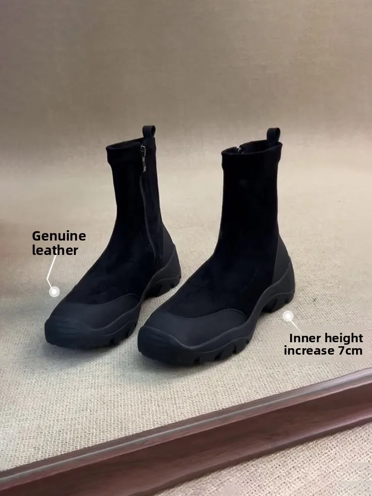 

Lamb Skin Short Boots Women's Casual Sporty round Toe Side Zip High Heel Commuter Thin Boot Fashionable British Style Thick B...