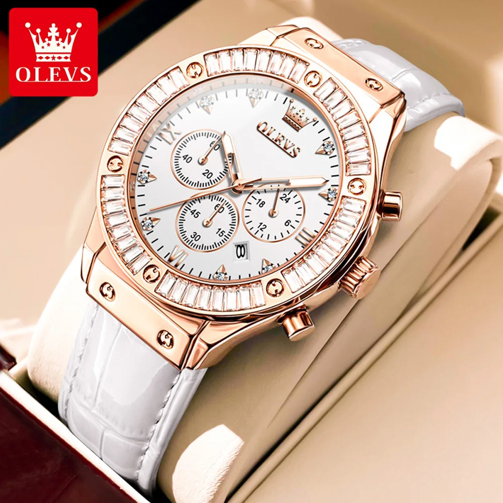 

OLEVS Brand Luxury Crystal Quartz Watch for Women Fashion Leather Strap Waterproof Luminous Calendar Chronograph Watches Womens