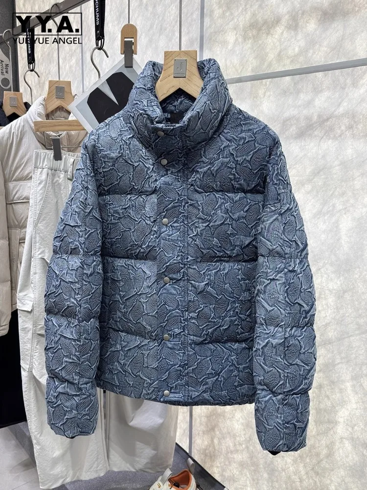 Mens Winter Stand Collar Thicken Warm Down Coat Printed Vintage Zipper Casual Outerwear Long Sleeve Designer Denim Jacket Male
