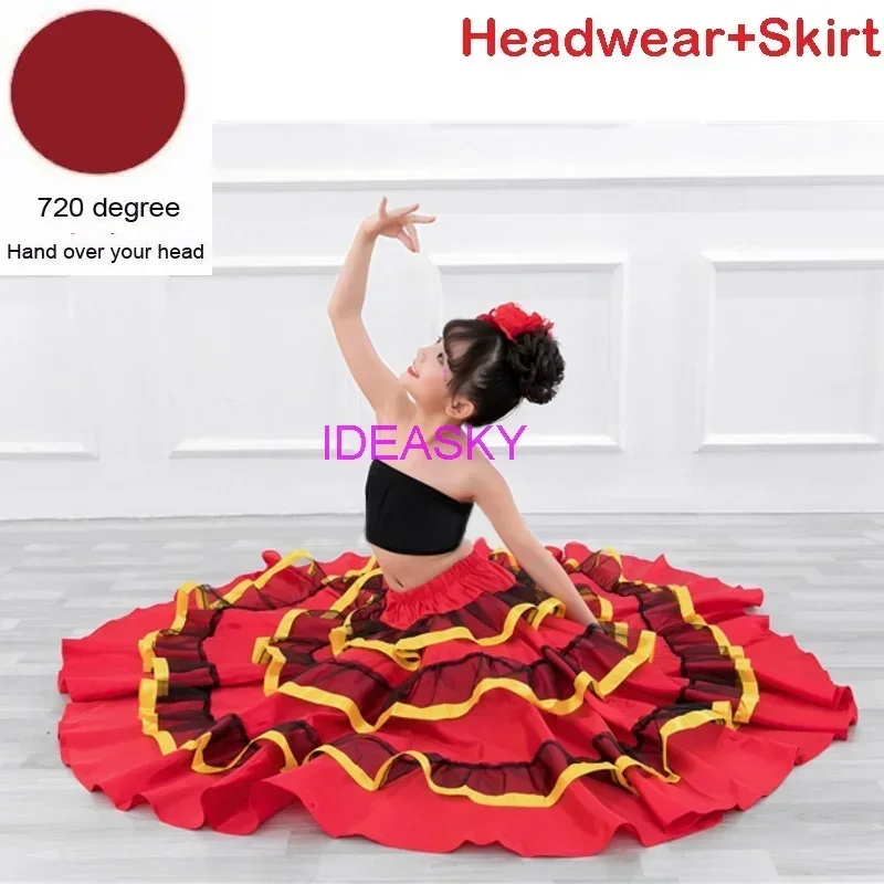 Trajes de dança espanhola para crianças, vestido vermelho longo estilo flamenco, saia de salão para meninas, roupas de criança