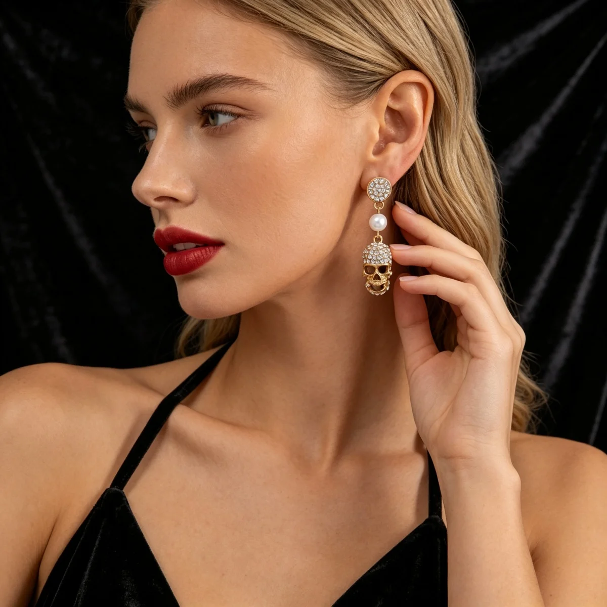 Halloween-Ohrringe mit Strass, hohlem Totenkopf und Imitationsperlen für Damen und Herren, Gothic-Punk-Skelett-Hängeohrringe, Partyschmuck – Detail 10