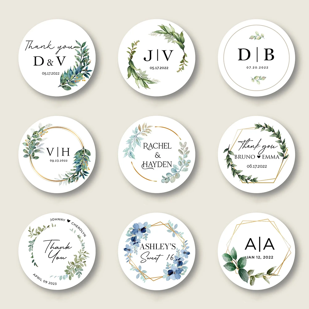 Custom Printed Candy Gift Stickers Personalized Wedding Gift Tags Bridal Showers, Baby Showers Greenery and Geometric Shapes