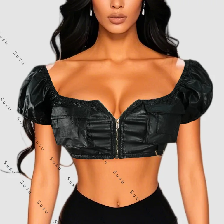 

2025 new year top tube top sexy one-word shoulder European and American pu leather black women's clothing customization