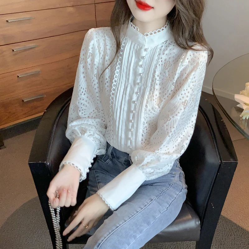 

2024 Autumn New Palace style Embroidered Shirt Lantern Sleeve Super Fairy Office Lady Lace Tops Women Blouses