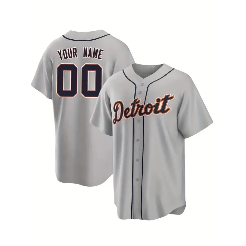 Customized Name And Number Men's Embroidery Baseball Jersey Detroit Grey V-Neck Personalized Short Sleeve Button Down DIY Shirts view 4