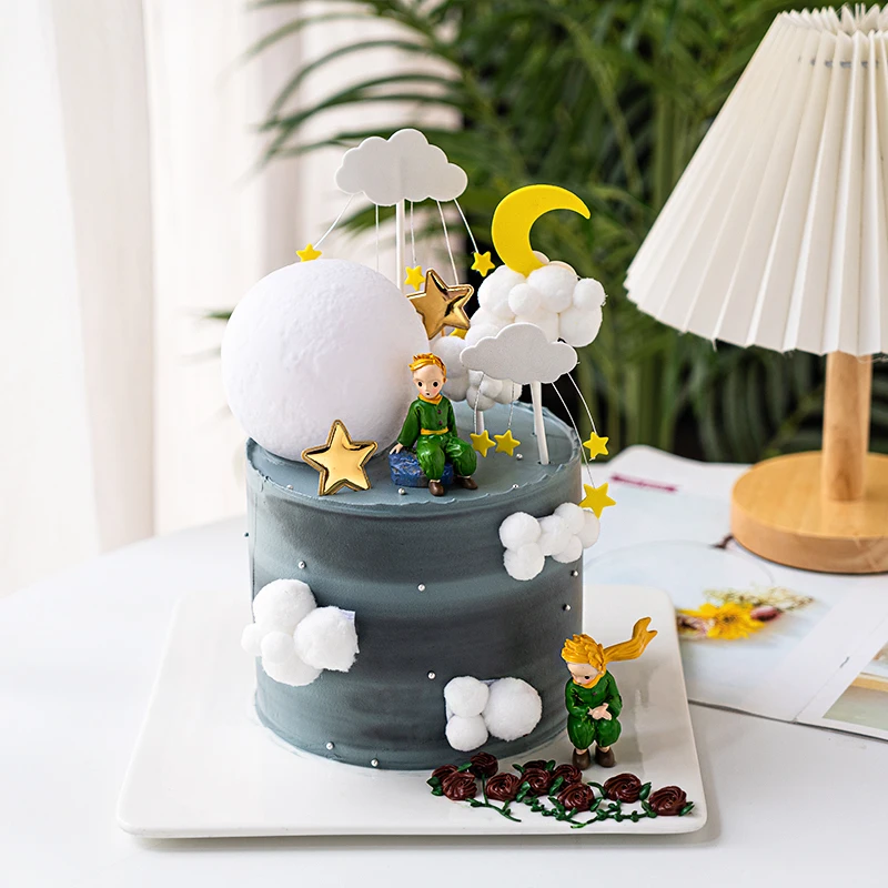 Boy Birthday Cake Topper Decorations Little Prince Moon Ball Lamp Hair Clouds Kids Gifts Party Dessert Baking Dress Up Supplies