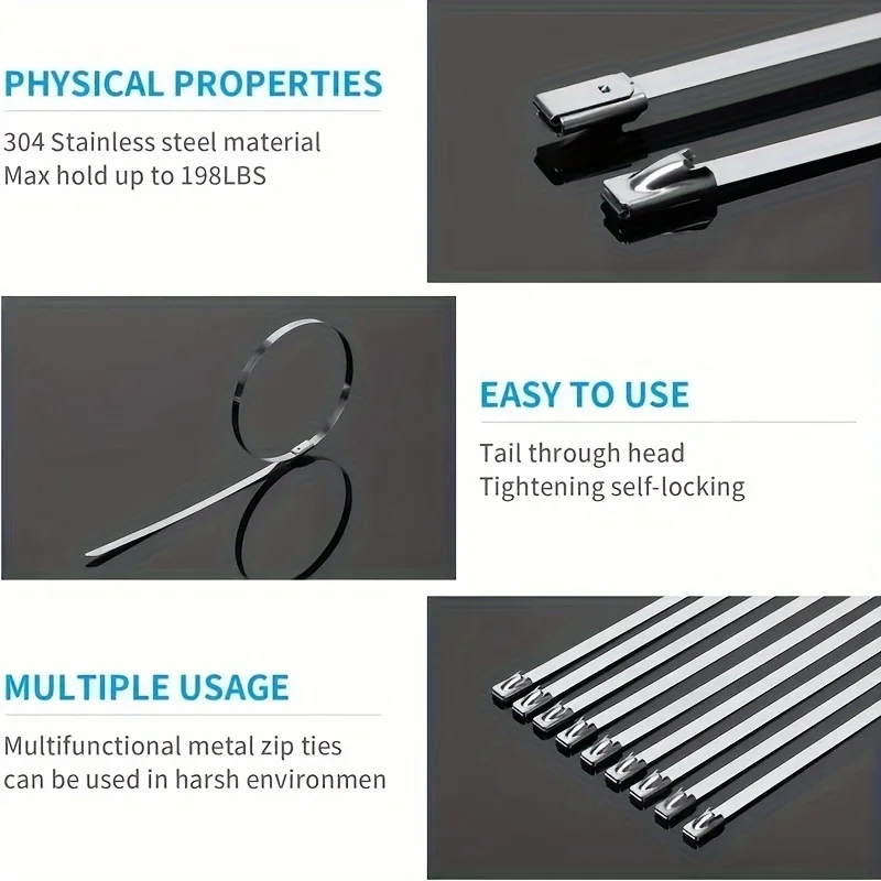 304 Stainless Steel Cable Ties, 100Pcs Pack, Thickened Self-Locking Type, Resistant to High and Low Temperatures, Anti-Rust and Anti-Corrosion, Suitable for Household, Outdoor, Automotive, Marine, and Machinery Use, Industrial-Grade High-Strength Cable Ties