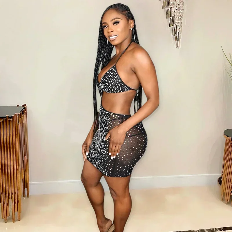 GUWU Spparkle negro Rhinestone ceñido al cuerpo Mini vestidos de mujer Glam cuello Halter recortado lentejuelas vestido corto de fiesta trajes de club nocturno