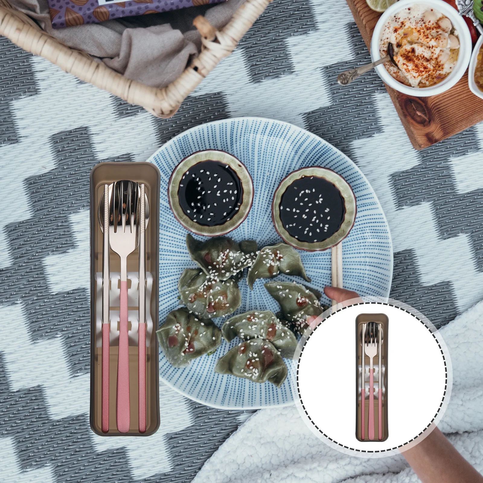 

1 Set Portable Tableware Kit Reusable Travel Silverware Set With Case For Lunch Box Camping Hiking Includes Straw Cleaning Brush