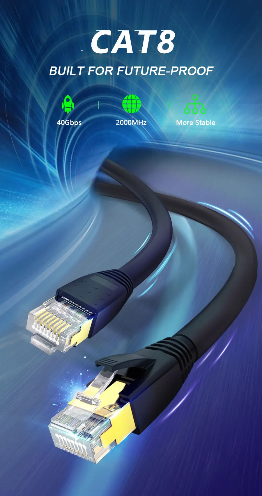 ZoeRax CAT8 Ethernet-Kabel 24AWG 40Gbps 2000Mhz Hochleistungs-Hochgeschwindigkeits-Gigabit-SFTP-LAN-Netzwerk-Internetkabel, für Außen- und Innenbereich – Detail 1