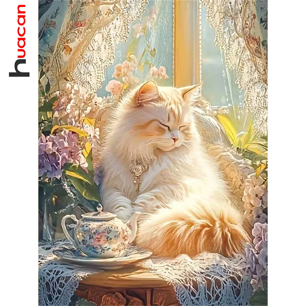 Huacan Diamond Painting Sleeping Cat Flower Diamond Embroidery Animal New Collection 2026 Decorative Paintings
