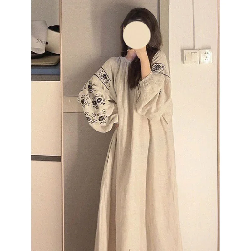 Women Spring French Style Sweet Nightdress Female Foral Print Lantern Sleeve Long Pajamas Home Suit Dress Can Be Wear Outsi MN3