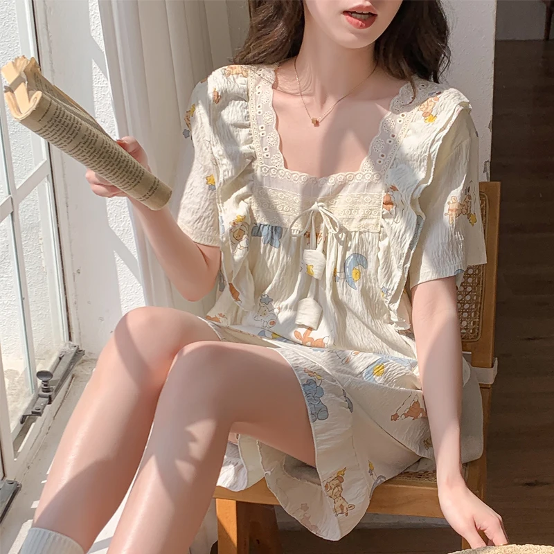 Korean Ins Simple Style Sweet Y2k Women\'s Nightgown Cloud Cotton Square Collar Pajamas with Bra 2024 New Summer Female Sleepwear