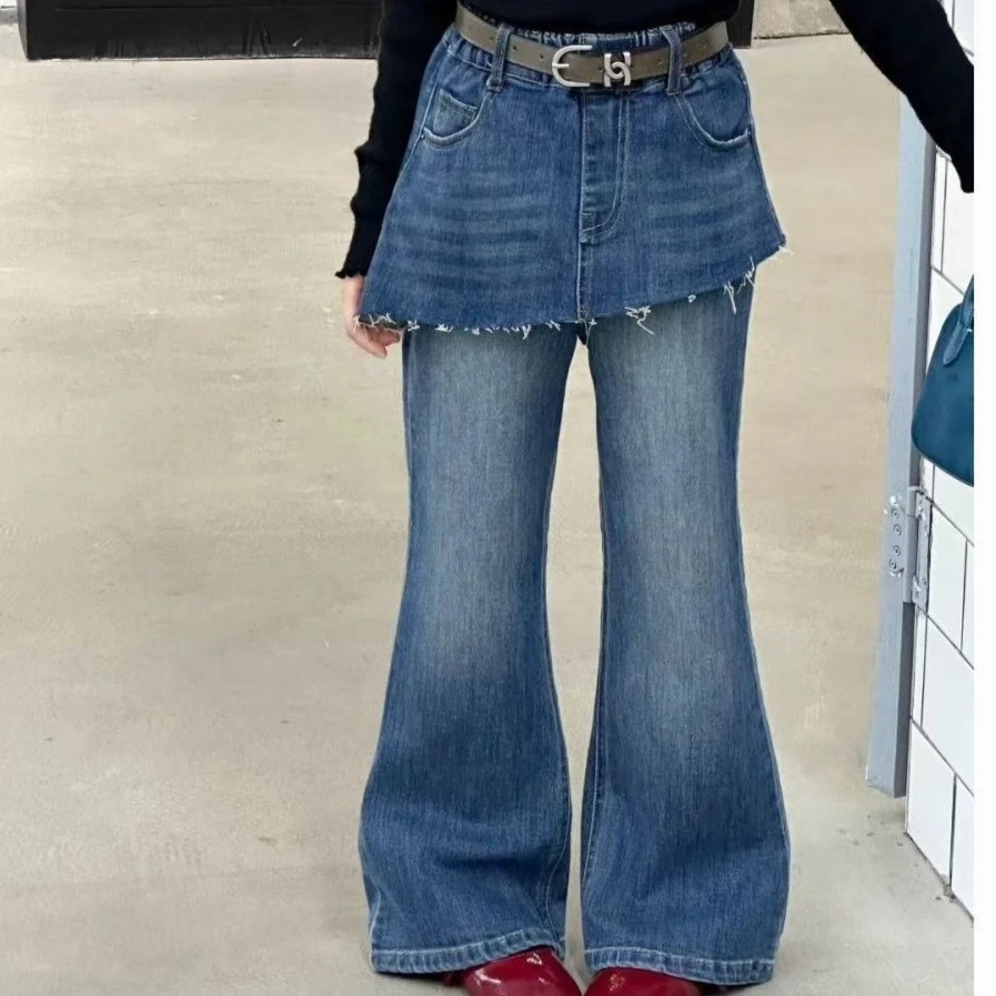 

Girls Pants 2026 Spring and Autumn Childrens Clothing Korean Style Girls Baby Fashion Fake Two Jeans Flared Pants Simple