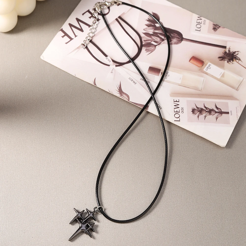 Aihua Hip-Hop-Halskette mit Herz-Sonnen-Stern-Anhänger in Gunmetal-Schwarz für Damen und Herren, Punk-Halskette mit schwarzem Seil, Choker, Halsschmuck, Geschenke – Detail 12