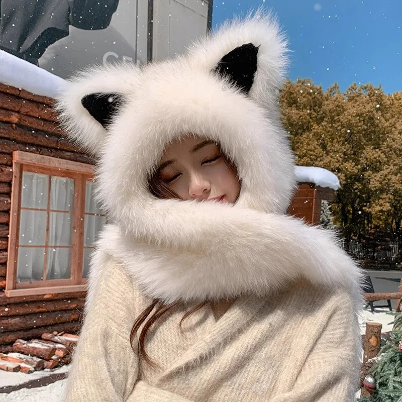

Hot Real fox fur scarf hat new style women's cute cat ears braided tassel Scarves cap fur winter warm Knit hats hooded scarfs