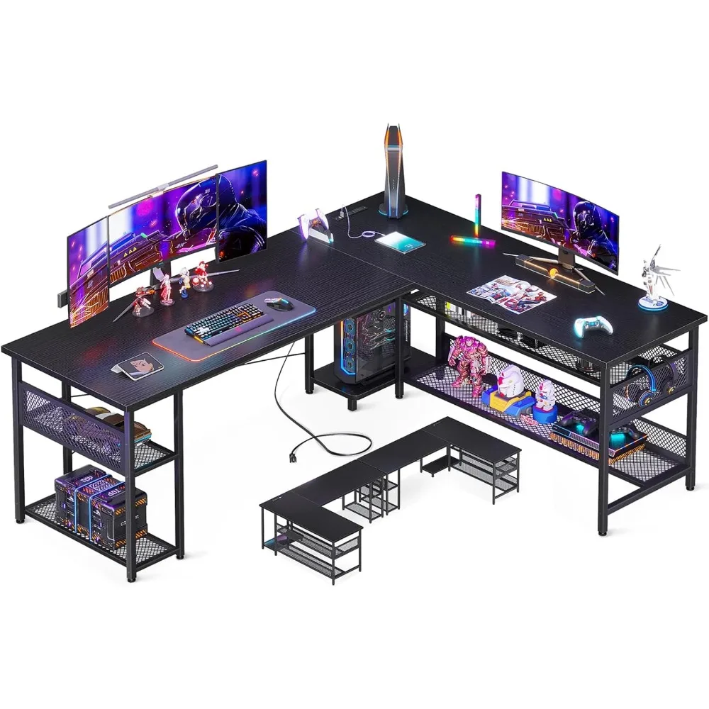 

66" L Shaped Desk with Power Outlet and USB Charging Ports, Reversible L Shaped Computer Desk with Storage Shelves