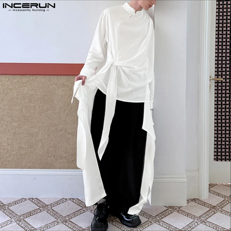

INCERUN Мужская рубашка нестандартной формы, однотонная рубашка с лацканами и длинными рукавами на пуговицах, мужская одежда, уличная одежда, 2025 г., свободные модные повседневные топы на бретельках