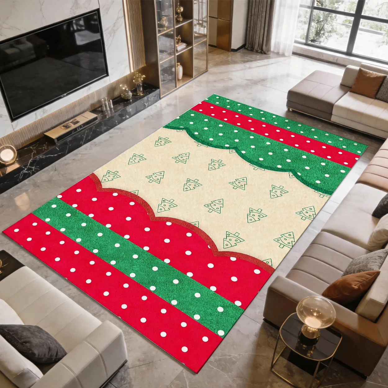 1pc 2D Flat Rectangular Christmas Area Rug, Red Green & White, Non-Slip, Machine Washable & Easy Care, Home Decor Rug