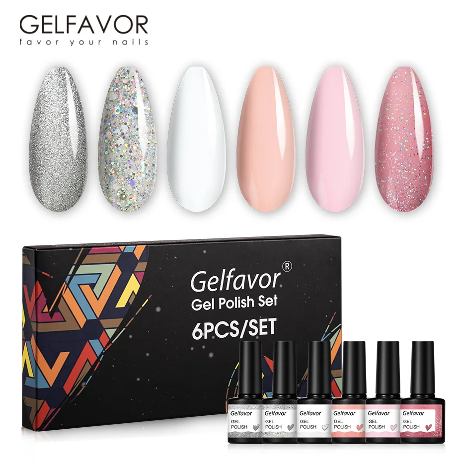 GELFAVOR 6pcs Nail Gel Polish Kit Semi Permanent Varnishes Colors Set Hybrid Soak Off UV Gel Nail Art Decoration