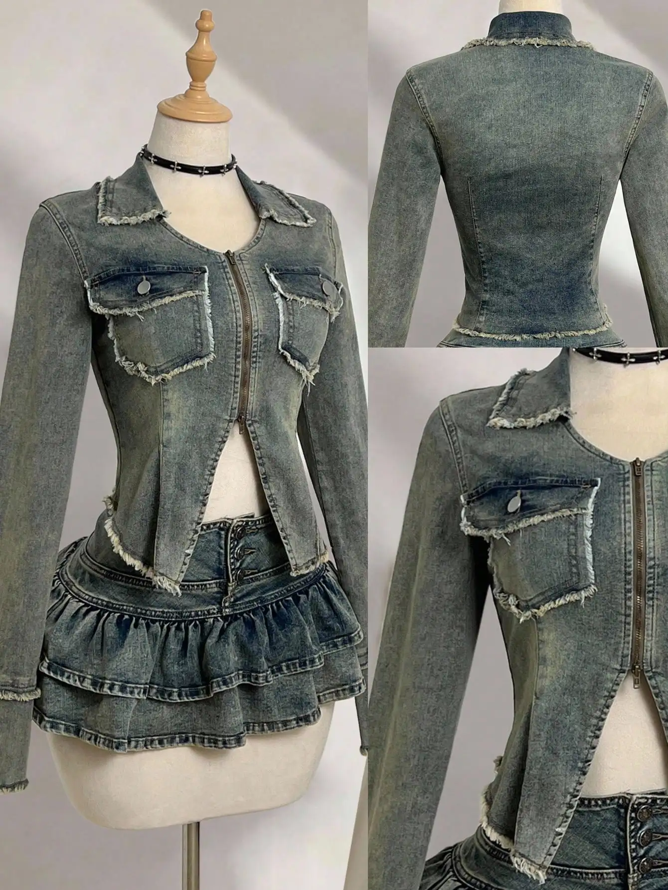 

Женская джинсовая куртка с потертостями, рваными краями, передним разрезом и оборками по низу