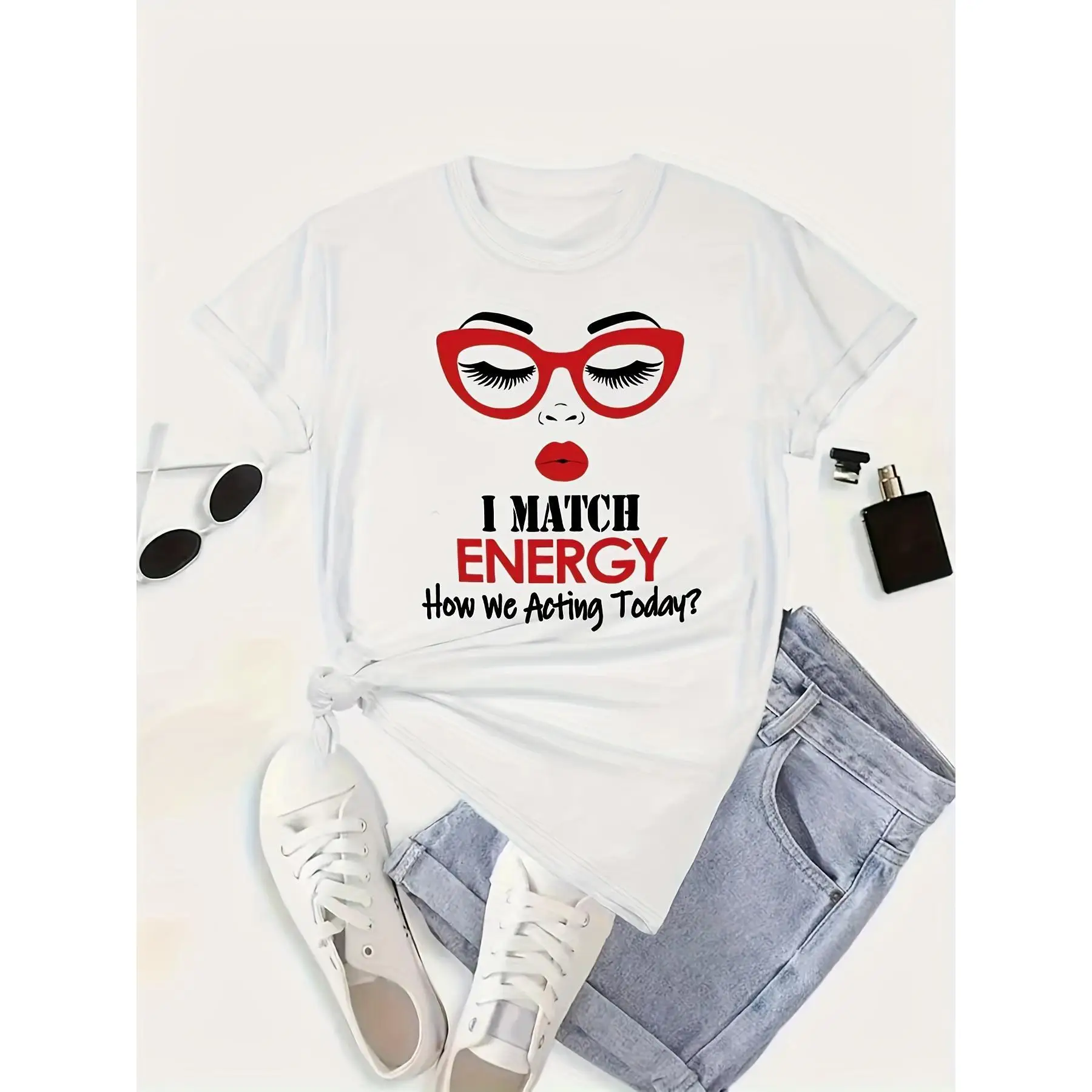 

Plus Size Casual Fashion Graphic T-Shirt - Soft Polyester Elastane Blend, Crew Neck with Slight Stretch, Oversized Alphabet Prin