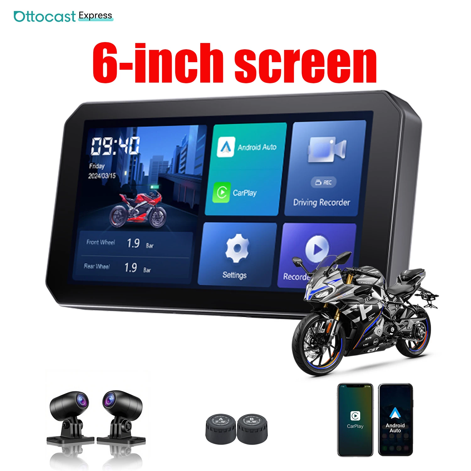 Ottocast Express motorfietsdisplay 6,0 inch IP67 waterdichte GPS draadloze Carplay Android Auto DVR Drive Recorder Moto Monitor