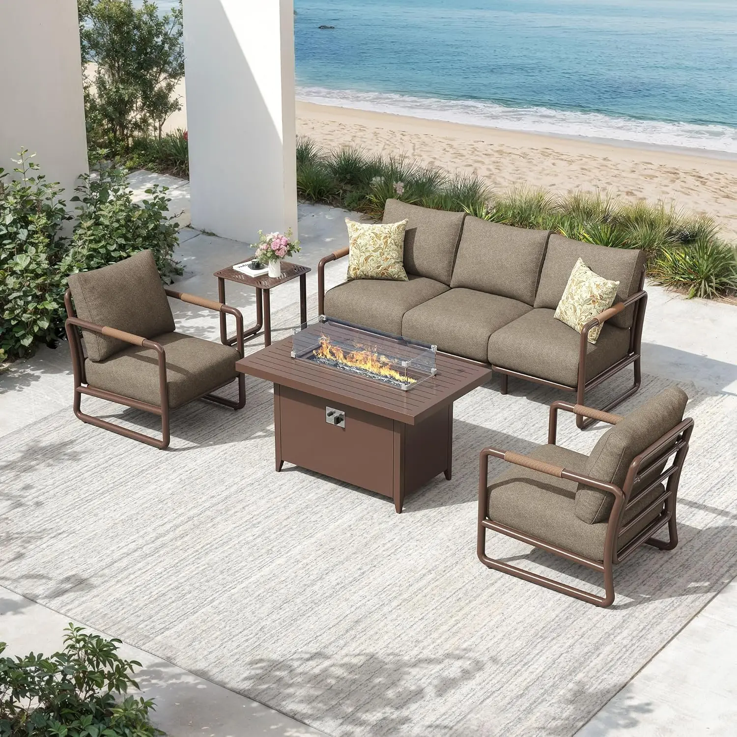

5 Seat Aluminum Patio Set w Fire Pit Table Wind Guard All Weather Garden Furniture, Customized