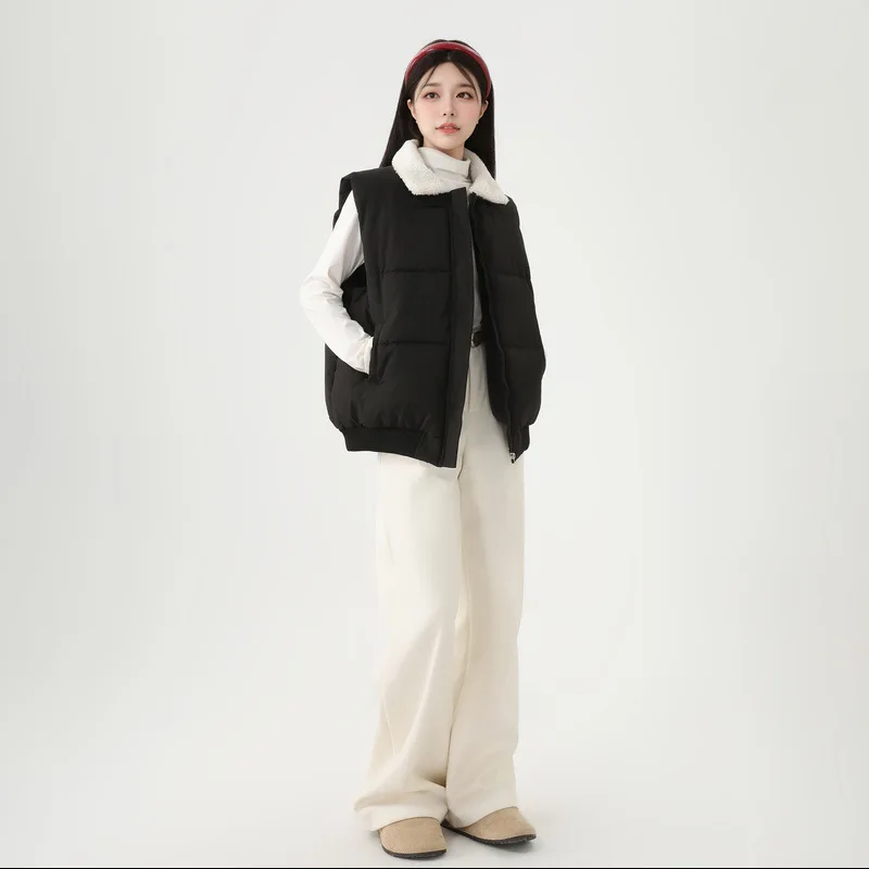 

Универсальный женский зимний хлопковый жилет, стеганая куртка с воротником из овечьей шерсти и карманами для женщин, шикарное женское стеганое пальто без рукавов