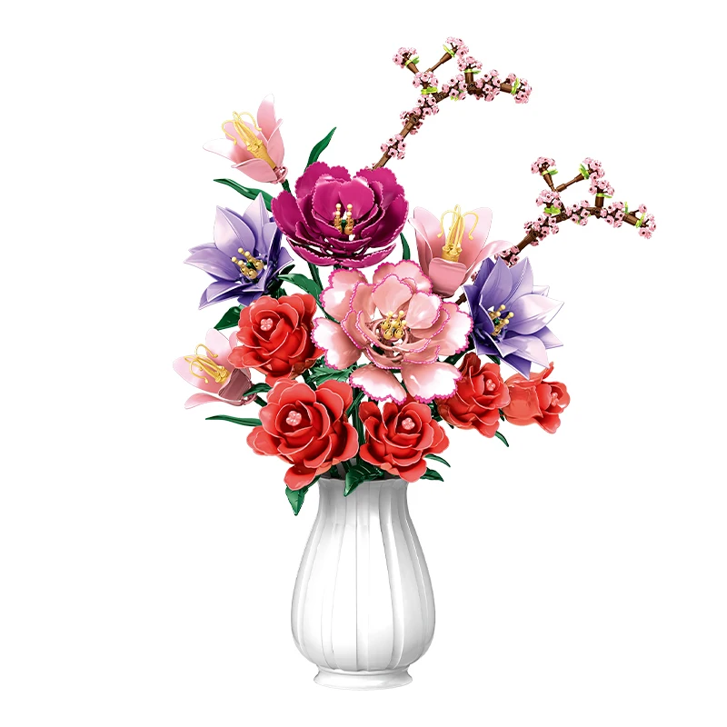 

769 шт., искусственный букет цветов, набор строительных блоков с розой, пион, лилия, эустома, ветка персика, кирпичи, игрушки для детей