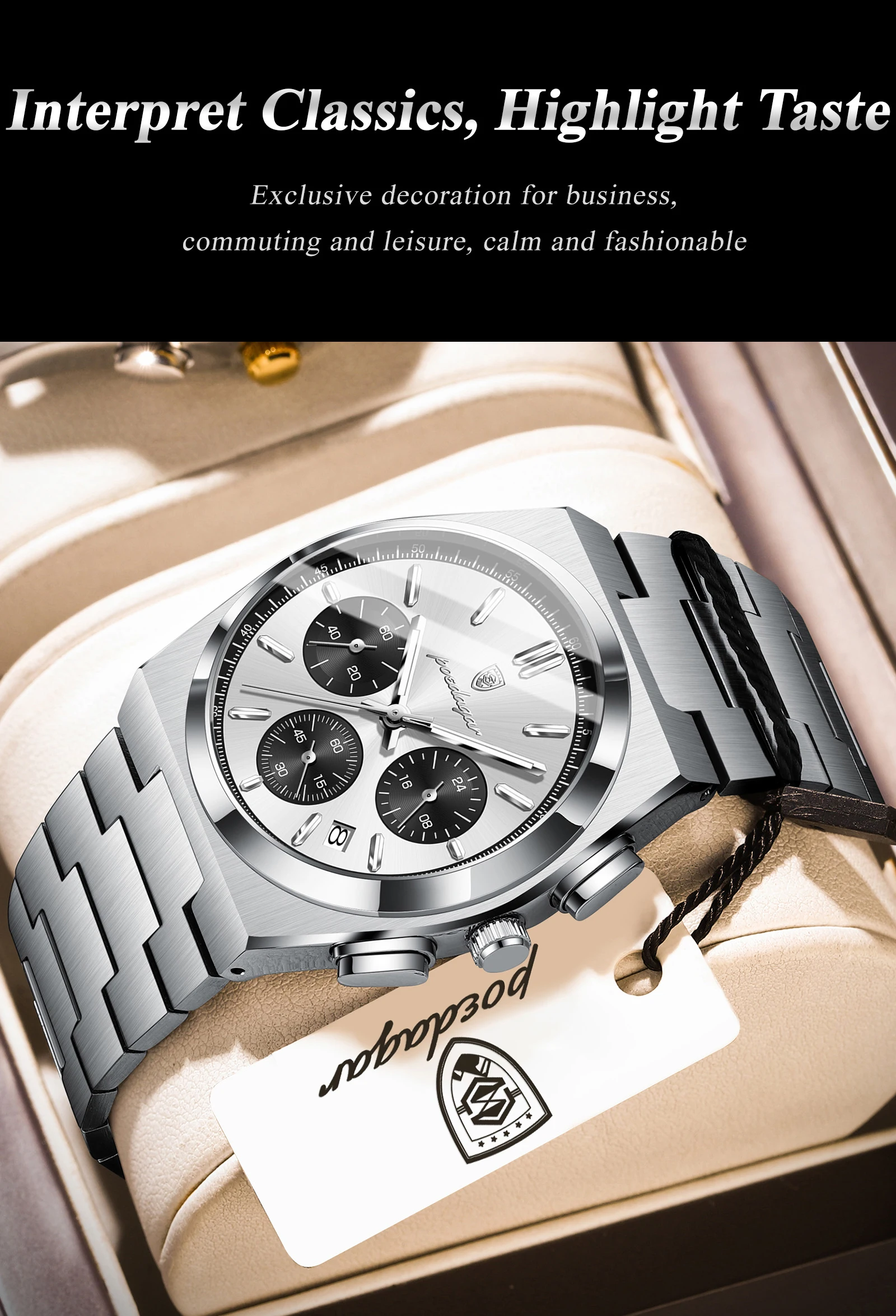 POEDAGAR Top Business Herrenuhr Chronograph Datum Edelstahl Klassische Männeruhr Wasserdicht Leuchtend Quarzuhren für Herren – Detail 5