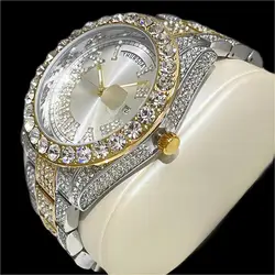 Hip Hop Brand MISSFOX 18K Gold Watch Mens Luxury Full Diamond Iced Out Fashion Watches Automatic Date Week AAA orologi regalo maschile