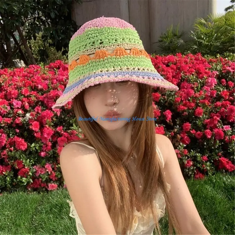 

E56A Girls Straw Hat for Beach Getaways Woman Straw Weaving Beach Hat Teens Holiday Spring Camping Rainbow Color Sun Hat