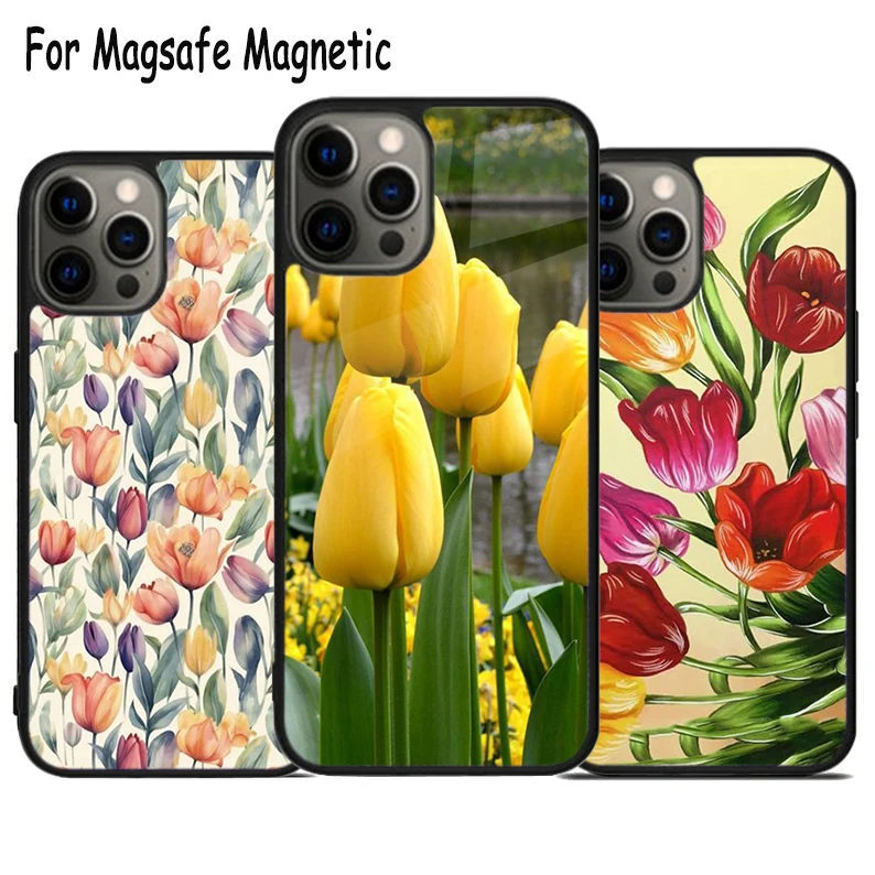 

Чехол Magsafe для iPhone 15 16 14 13 11 12 Pro Max Plus, Магнитный чехол-бампер с тюльпанами, цветами, беспроводной зарядкой