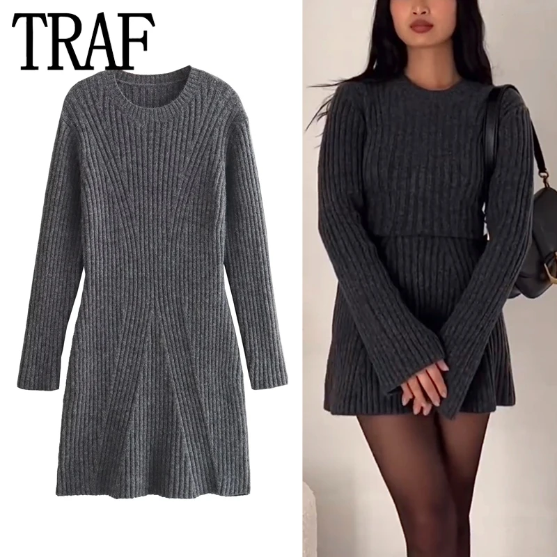 TRAF-Mini vestido de malha curta feminina, vestidos casuais, manga comprida, cinza, outono, inverno, 2023