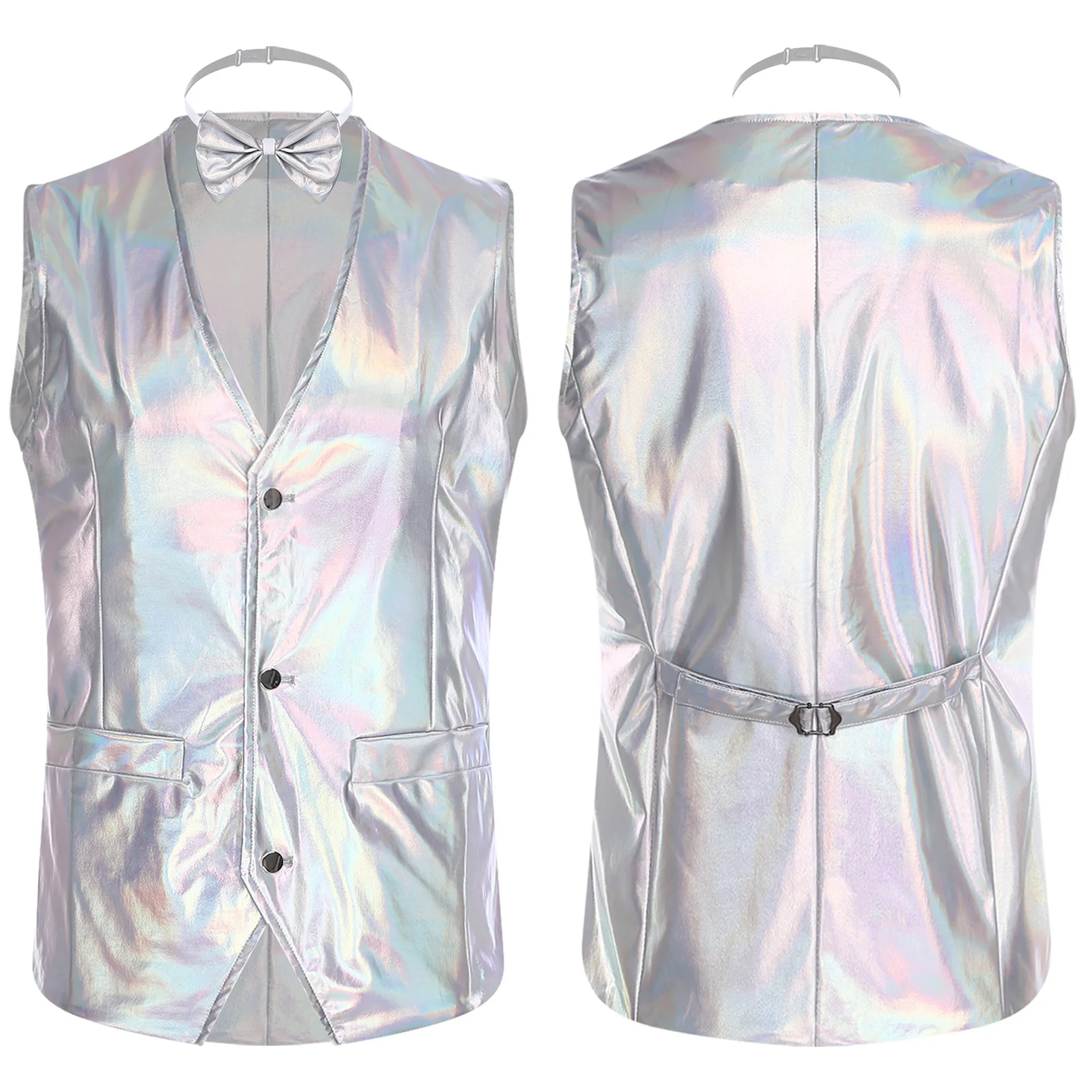 

Mens Shiny Blazer Vest+Bow Tie Party Gentleman Ballroom Dancewear 70s Disco Dance Sleeveless Pointed Hem Button-down Waistcoat