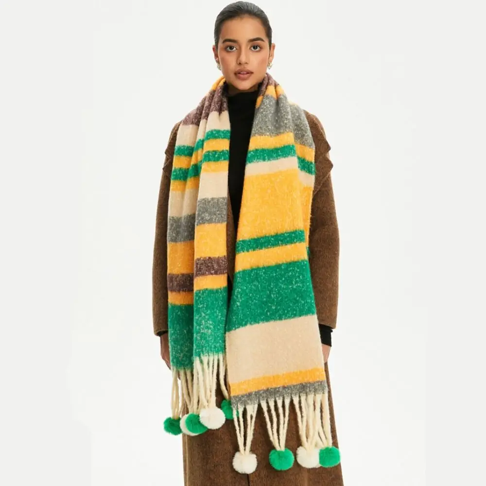 Elegant Mohair Plaid Wool Scarf Rabbit Fur Ball Long Rainbow Tassel Shawl Thick Loop Yarn Women Cape Girl