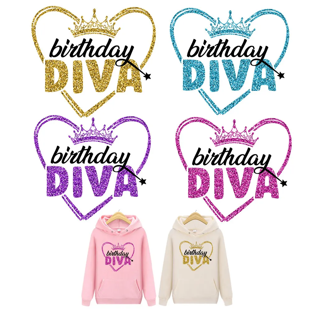 Queen Birthday T-shirts Patches Iron On Transfer Stripe Birthday Diva Thermo Stickers Queen Parches Thermo adhesivos Applique